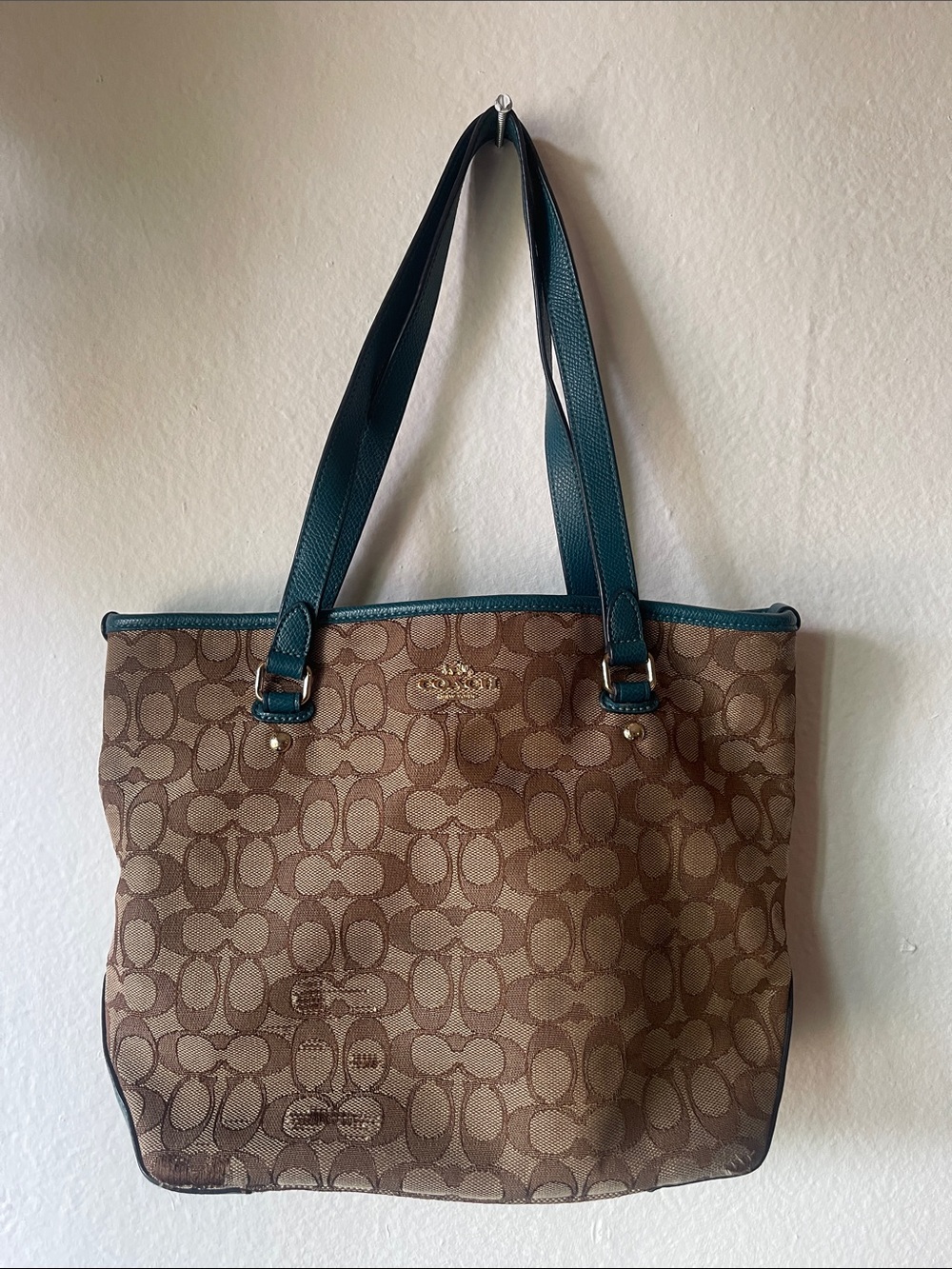 Coach Brown Signature Tote with Teal Trim